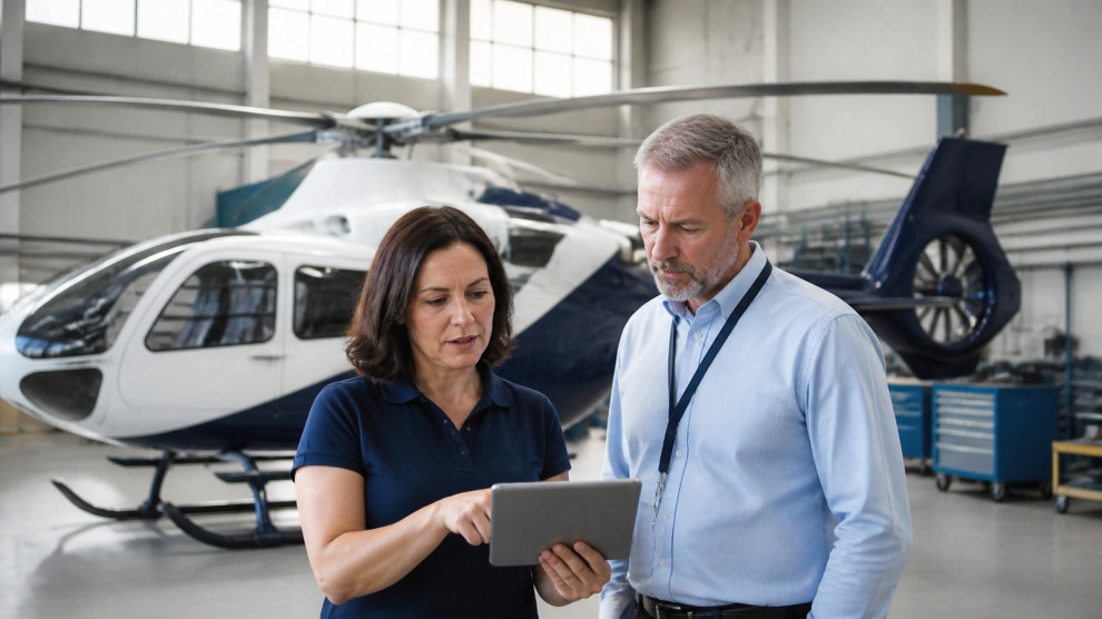 Responsable qualité et auditeur relisant les enregistrements de navigabilité devant un hélicoptère H145 en hangar