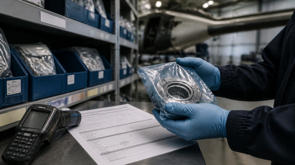 Magasinier contrôlant une pièce aéronautique sous sachet avec son certificat et un lecteur de code-barres