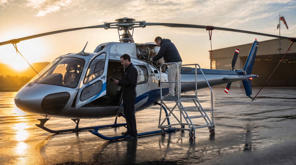 Pilote saisissant ses heures de vol sur tablette au pied d'un hélicoptère H125 au lever du soleil, mécanicien sur plateforme au compartiment moteur