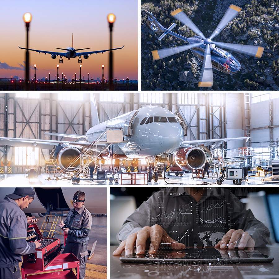Mosaïque aéronautique : avion de ligne, maintenance en hangar et technicien au travail